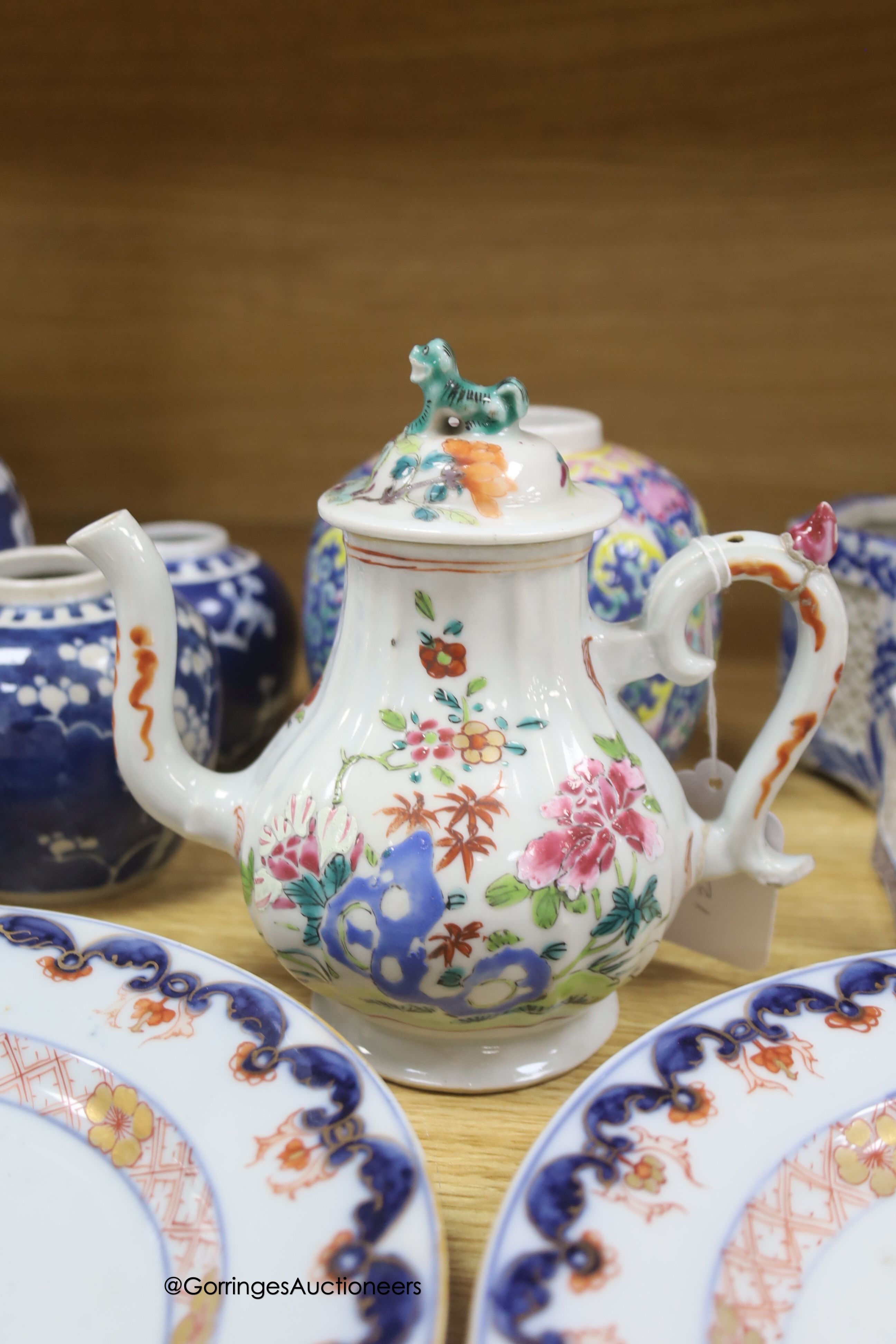 A group of mixed Chinese ceramics including a and 18th century famille rose teapot and four Samson Imari dishes, diameter 23cm